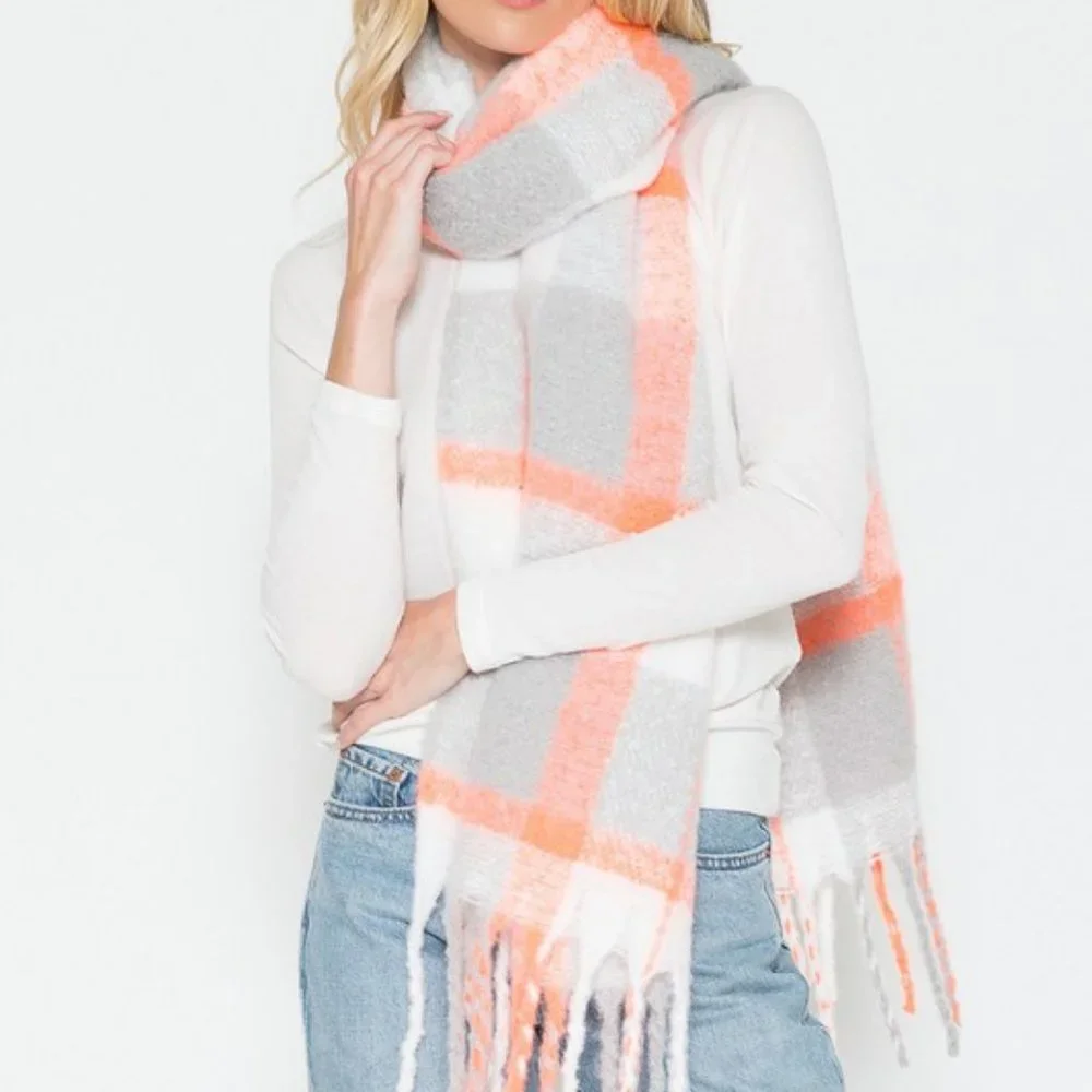 Gray, Orange & Ivory Plaid Scarf with Whimsical Fringe - Picture 3 of 8